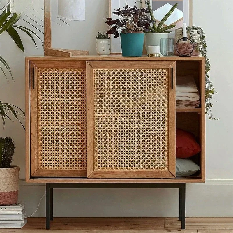 Solid wood rattan dining side cabinet living room small apartment against the wall shoe cabinet household