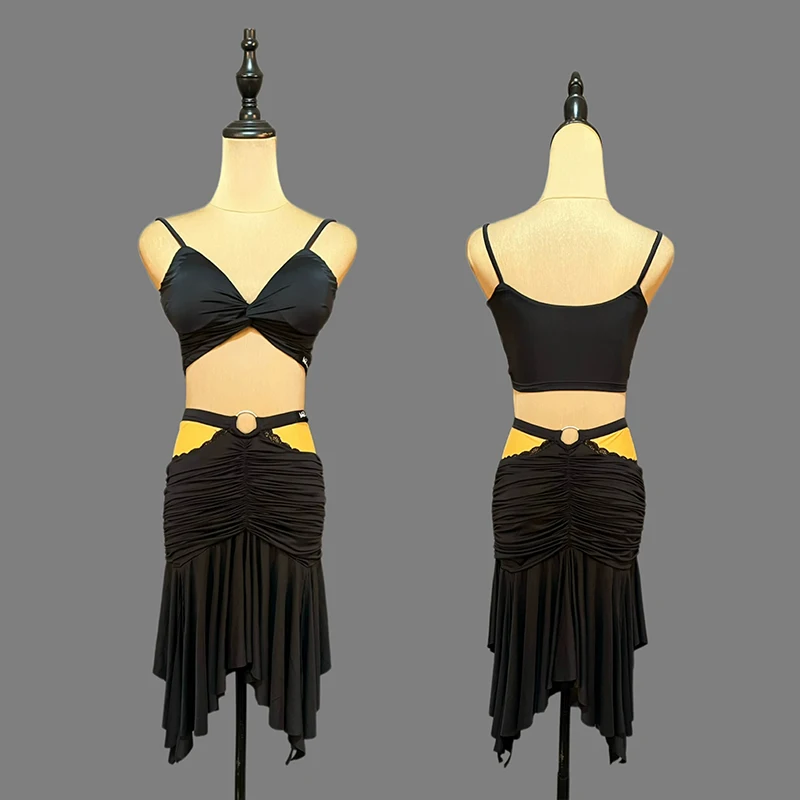 Latin Dance Costume Black 2‑Piece Set Strap Twist Crop Top Ruched Irregular Hem Skirt Women Salsa ChaCha Practice Dancewear 3042