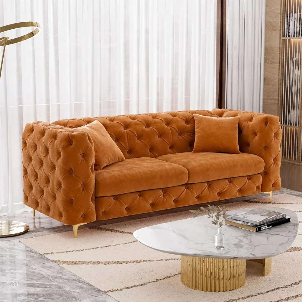 

75 Inches Long Tufted Couch, Modern Velvet Sofa for Living Room, Upholstered Sofa with 2 Pillows Wide Armrest and Metal Legs