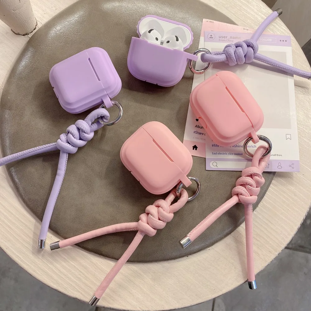 حافظة من السيليكون الوردي لأجهزة AirPods 4 3 2 1 Pro 2 مع حبل معلق منسوج سماعة رأس Coque لأجهزة AirPods Pro2 Pro 2 2nd Cases Capa