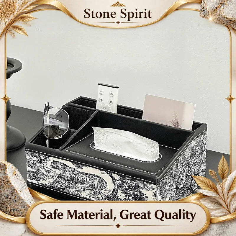 Elegant Leather Tissue Box Cover, French Luxury Napkin Dispenser with Remote Holder, Waterproof Desktop Organizer Decoration