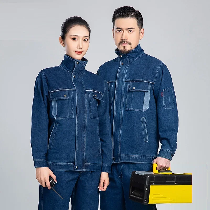 

Welding Suits Denim Work Clothing Jeans Jacket pants Worker Coverall Workshop Auto Repair Electrical Mechanic Stretchy Uniforms