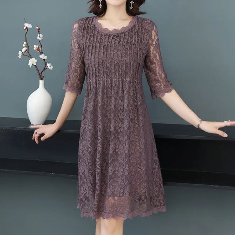 

Spring Summer Half Sleeve Lace Dress Fashionable Round Neck Solid Color Hollow Out Mid Length Loose A-line Dresses Female