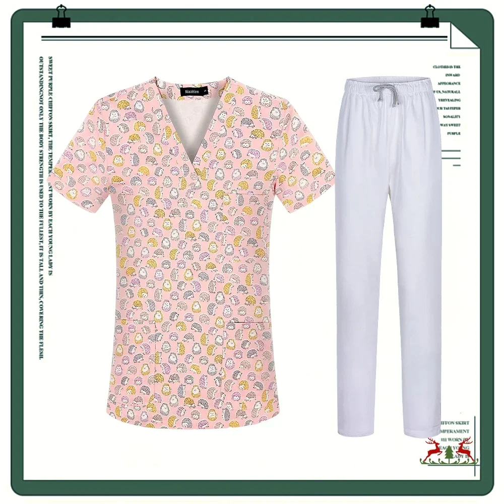 Uniforme de enfermera con estampado de cerdo, blusa clínica, Pantalones rectos de Color sólido, camisas de Enfermería Médica, gorro