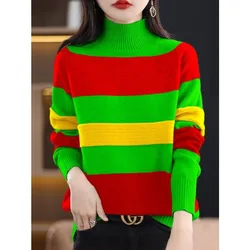 Autumn Winter Turtleneck Long Sleeve Fashion Sweater Women High Street Contrast Color Striped Pullovers Elegant All-match Tops