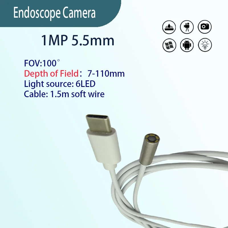 

1MP 5.5mm 100° wide angle Android endoscope camera for industrial pipeline inspection 1.5m Type-C soft cable industrial endoscop