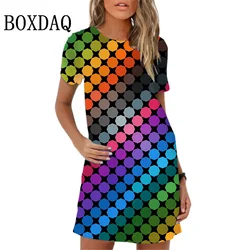 New Women's Dress Circular Grid Pattern Gradient Printing Elegant Casual O-Neck Short Sleeve Summer Dresses Y2k Women's Clothing