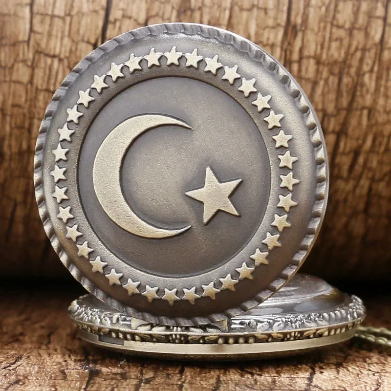 Antique Turkey Flag Star Moon Design Men Women Quartz Pocket Watch Full Hunter Pendant Necklace Chain Clock Reloj de bolsillo