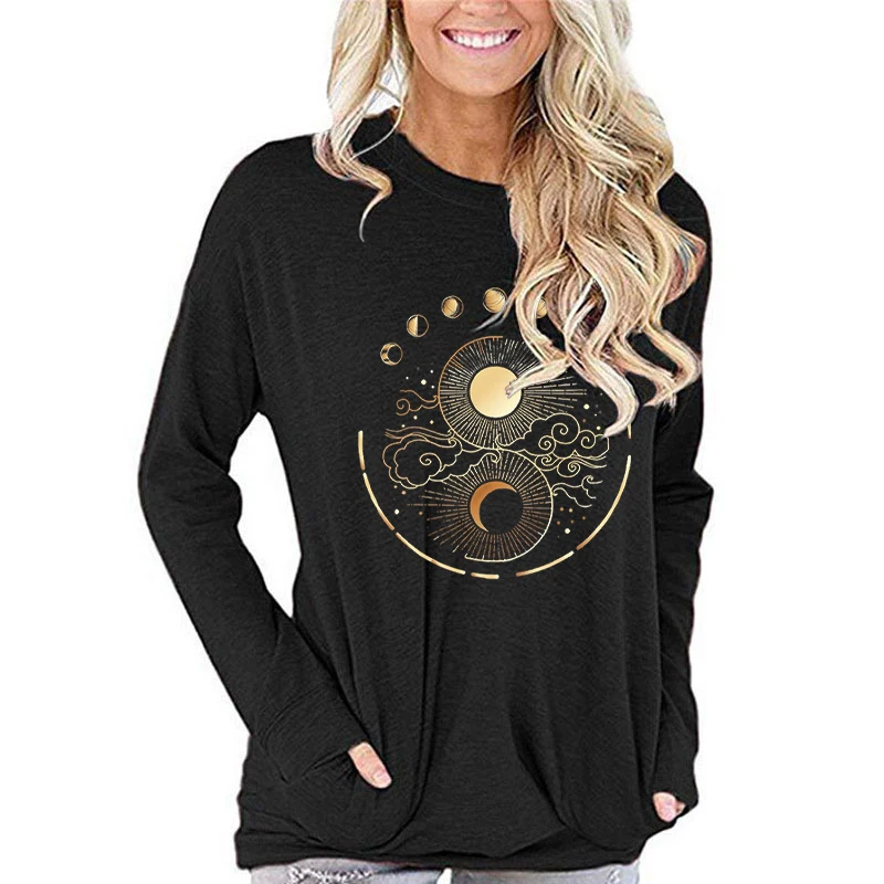 Mystic Moon and Sun T-shirt Mystical Moon Phase Fall Long Sleeve T-shirts Boho Vintage Moon Graphic Long-sleeved T-shirt Women