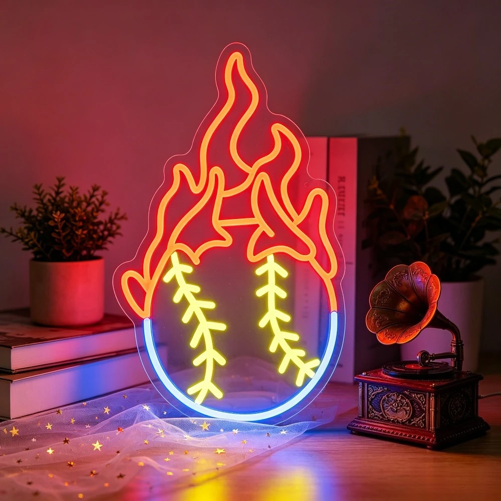 Flame Baseball Neon Sign LED Dimmable USB Wall Light for Sports Bar Man Cave Garage Game Room Sport Theme Party Wall Decor Gifts