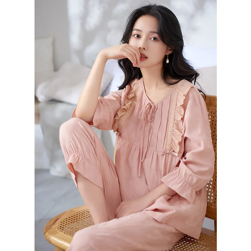 womens pajamas set woven full cotton tracksuit for women fashion lace short sleeve vestidos lovely princess sleepwear pijamas