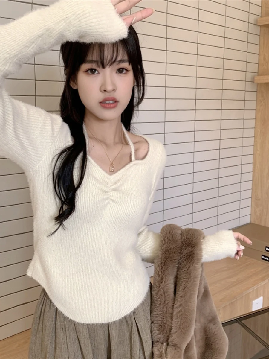 

Белый вязаный жилет с V-образным вырезом и асимметричным краем из норки, женский, весна-осень, базовый, облегающий, для повседневной носки, длинный рукав