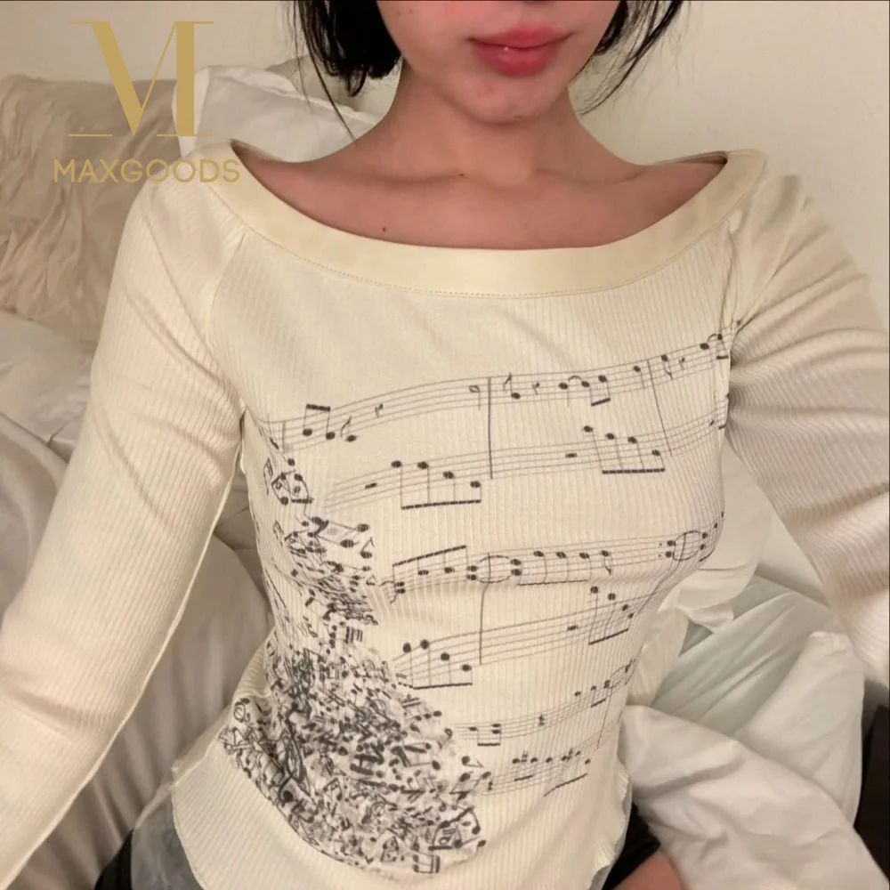 New Music Note Print Off-Shoulder Top Ruffle Trim Patchwork Design Long Sleeve Top Round Neck Elegant Slim Fit T-shirt Women