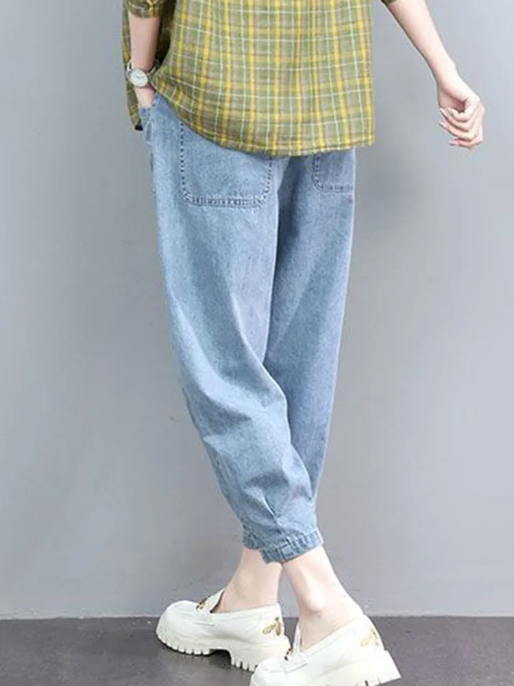 Koreańska moda Baggy Harem Jeans Women Casual Elastic High Waist Ankle Length Denim Pants Vintage Loose Oversize 90kg Vaqueros