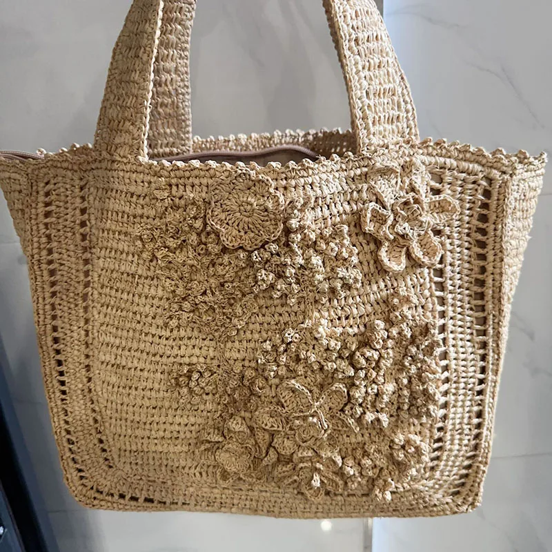 Bohemian Travel Straw Bags Summer Flower Woven Tote Bag for Women Imported Raffia Grass Classic Women's Fashion Bags Handbag