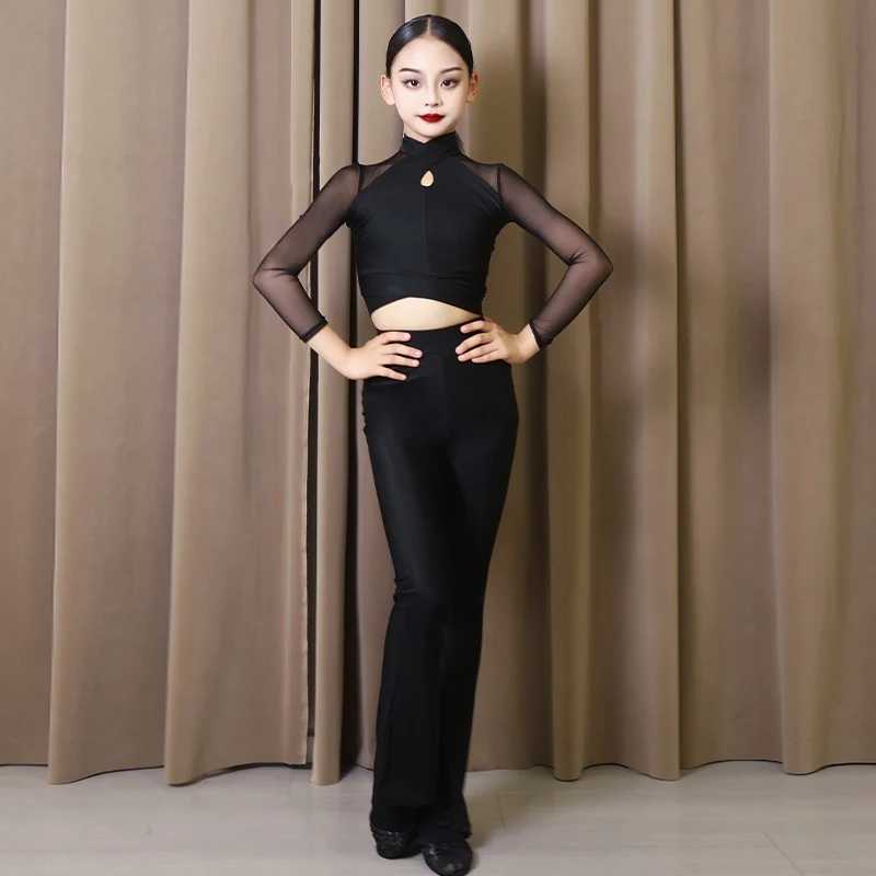 

Kid's Latin Dance Practice Clothes Fall Winter Girls Tango Training Costumes Waltz DanceWear Black Tops Flared Trousers XH1209