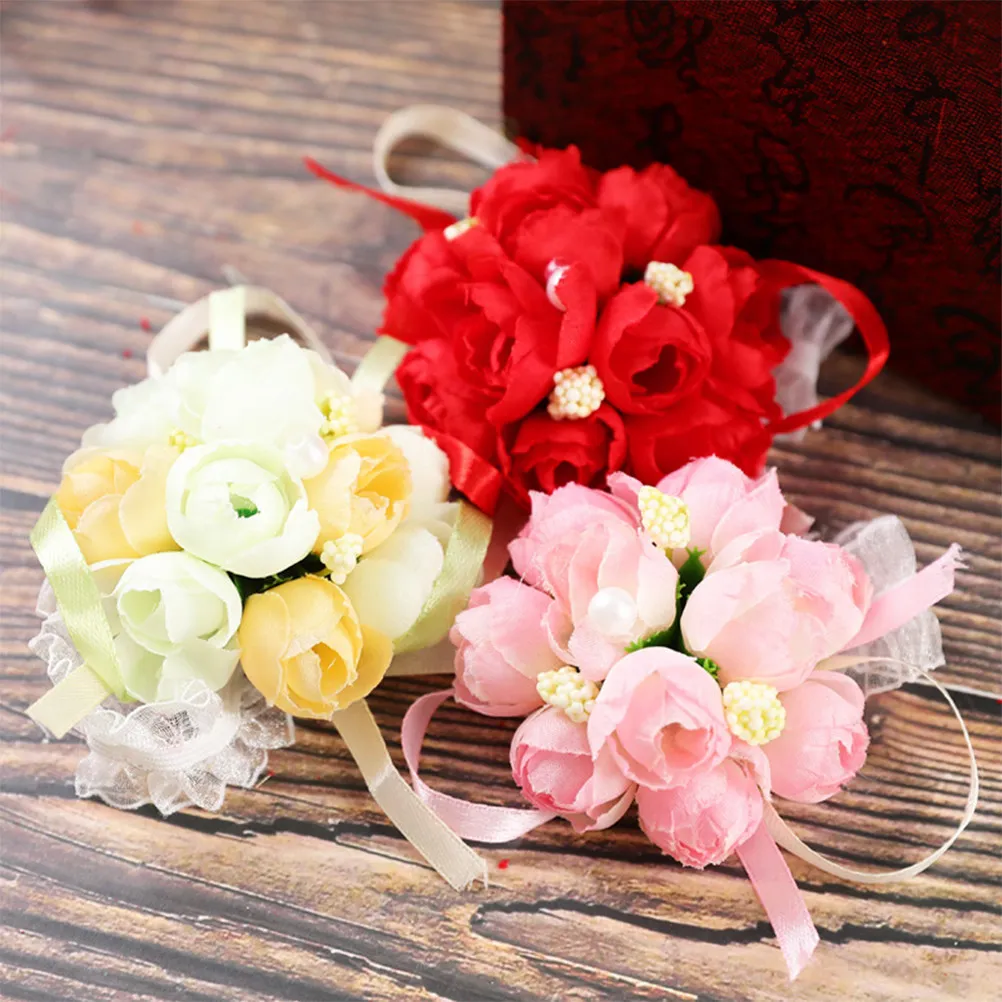 4Pcs Wedding Artificial Wrist Flower Brooch Red Silk Flowers Bridal Bracelet Party Dance Floral Ornament Wrist Flower