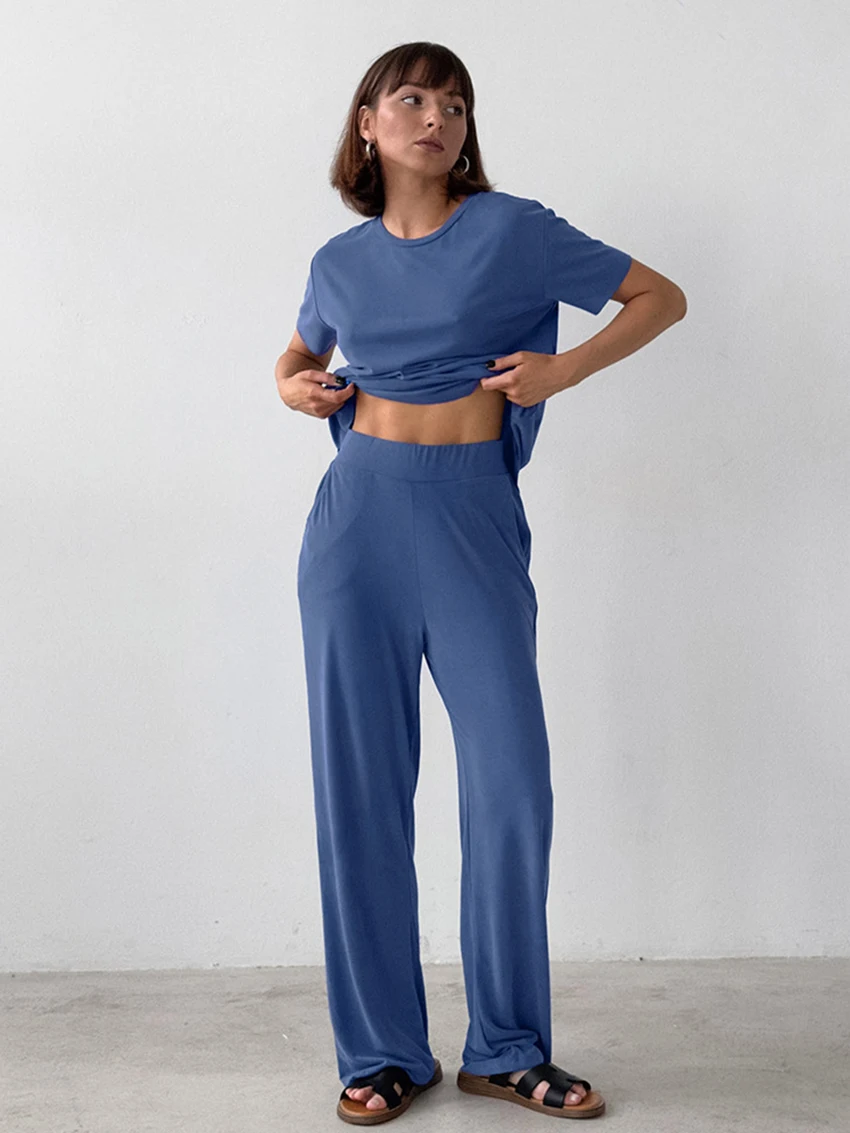 Marthaqiqi Summer Female Nightgowns 2 Piece Suit O-Neck Sleepwear Short Sleeve Nightwear Wide Leg Pants Casual Women Pajamas Set