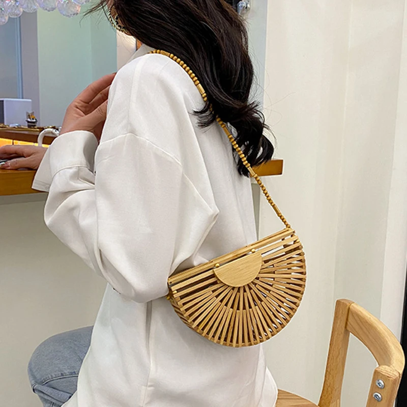 New Half Moon Wooden Shoulder Crossbody Bags for Women Bamboo Woven Summer Beach Straw Bag Rattan Small Phone Purse Mini Sac