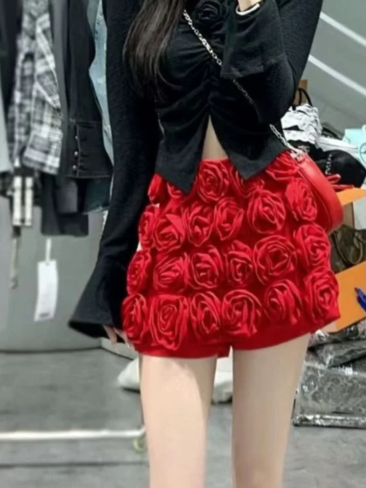 SMTHMA High-End Newest Fashion Designer Short Women's 3D Rose Flower Decoration Mini Runway Short