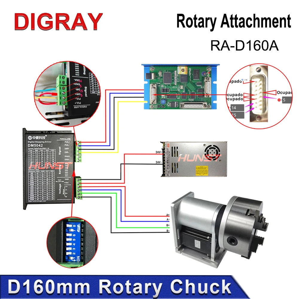 DIGRAY โรตารี่โต๊ะทํางาน Chuck เส้นผ่านศูนย์กลาง 160 มม.โรตารี่สิ่งที่แนบมาพร้อมไดร์เวอร์ DM5042 สําหรับ CO2 UV เลเซอร์เครื่องหมายเครื่อง