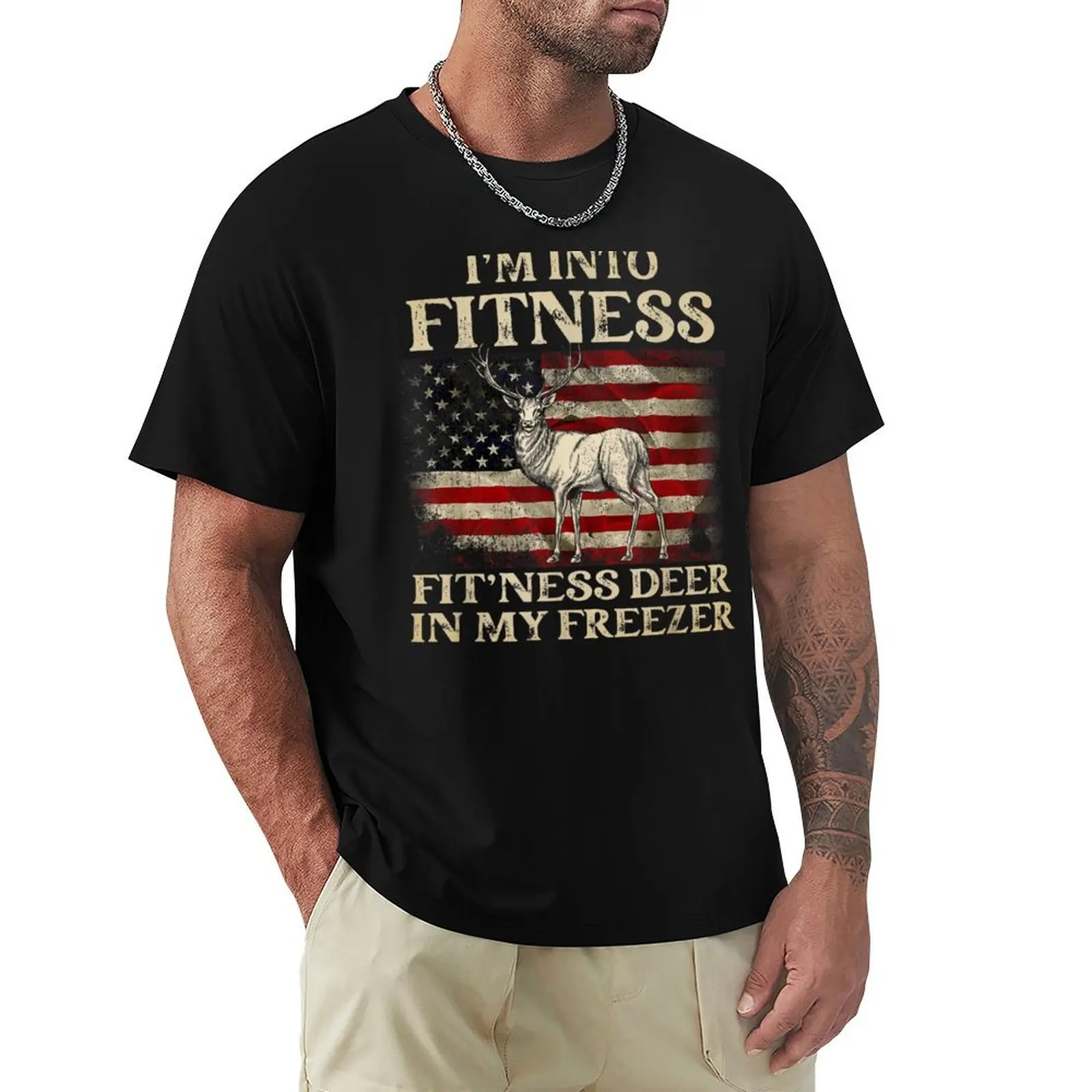 Vintage I'm Into Fitness Fit'ness Deer In My Freezer US Flag T-Shirt cotton graphic tees sports fans mens vintage t shirts