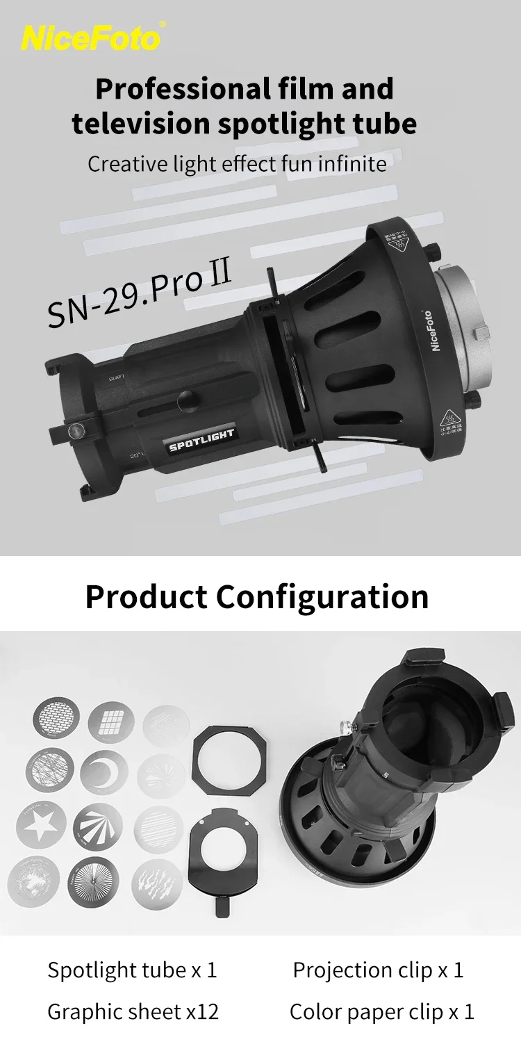 NiceFoto SN-29 Pro II Optical Snoot Focusing Condenser Spotlight Lens Bowens Mount Lens Light Kit for Photography  DSLR