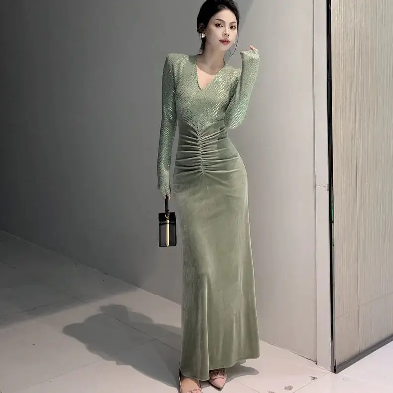 New Spliced Temperament Dress V-neck Pleated Slimming Long Skirt Fashion Color Blocked Long Sleeved Light Luxury Skirt Dresses
