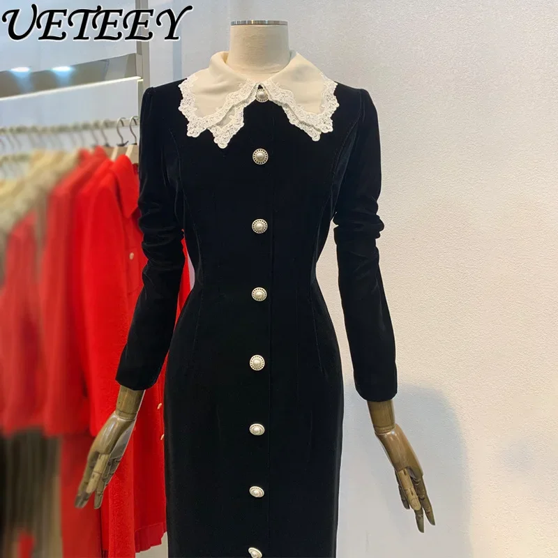 Spring Autumn New Temperament Commute Slimming Long Dress Lace Double-Layer Collar Single-Breasted Pleuche Dress for Women