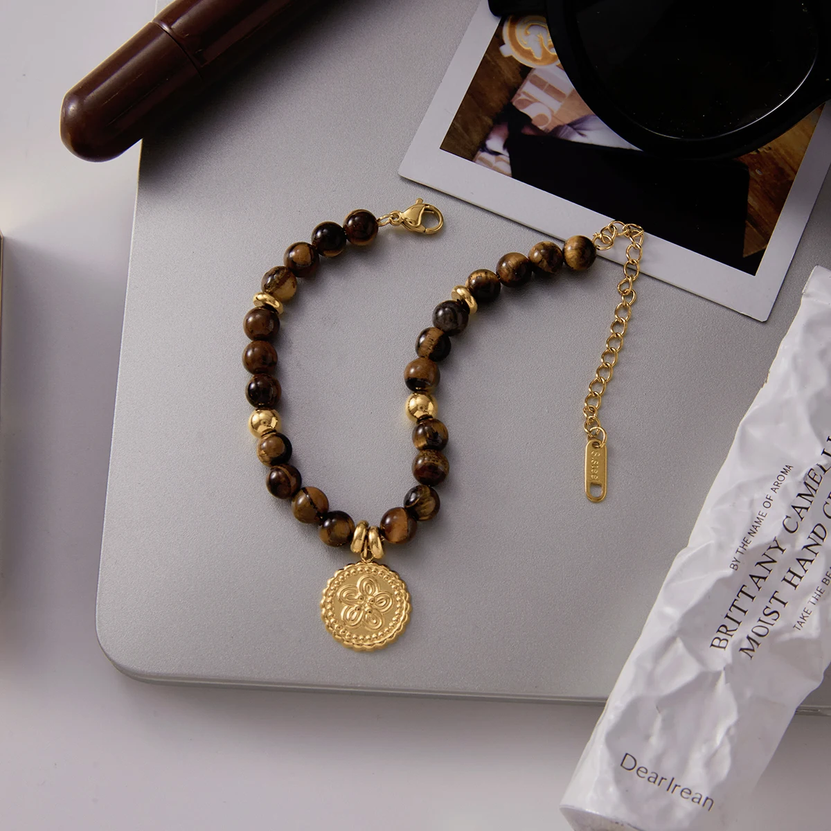 AIKOER Vintage Trendy 18K Gold Color Plated Flower Coin Pendant Natural Stone Bead Bracelets Waterproof Stainless Steel Jewelry