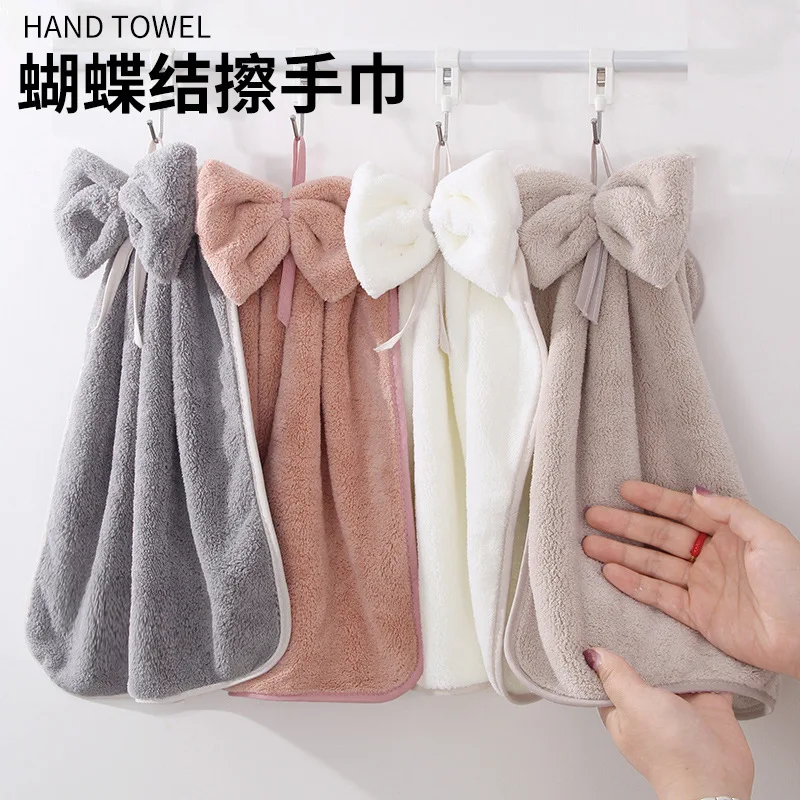 Manufacturer wholesale high-density coral velvet bow cute hanging hand towel absorbent kitchen and bathroom hanging towel