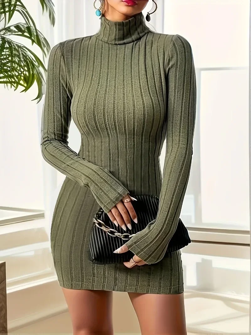 Women\'s Fashionable and Elegant High Necked Long Sleeved Dress Tight Knit Sexy Slim Fit Short Skirt