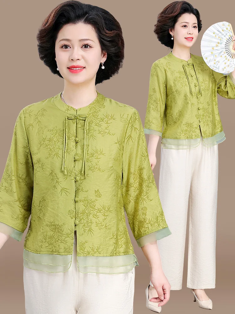 

New Chinese Sle Cotton Linen Set for Mom Summer Faion Loose Fit Button up Top And Pants Ensemble Suitable for Ages 40-49