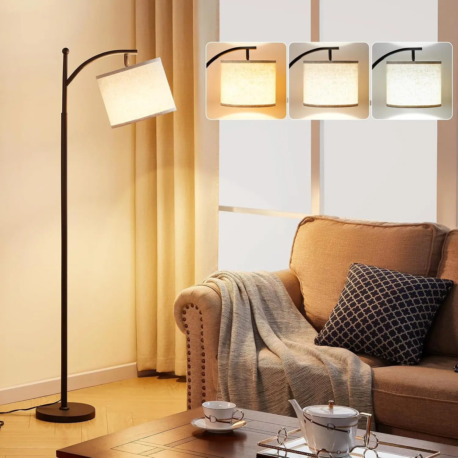 

Tall Floor Lamp with 3-Color LED Bulb & Adjustable Linen Shade, 60", Beige & Black