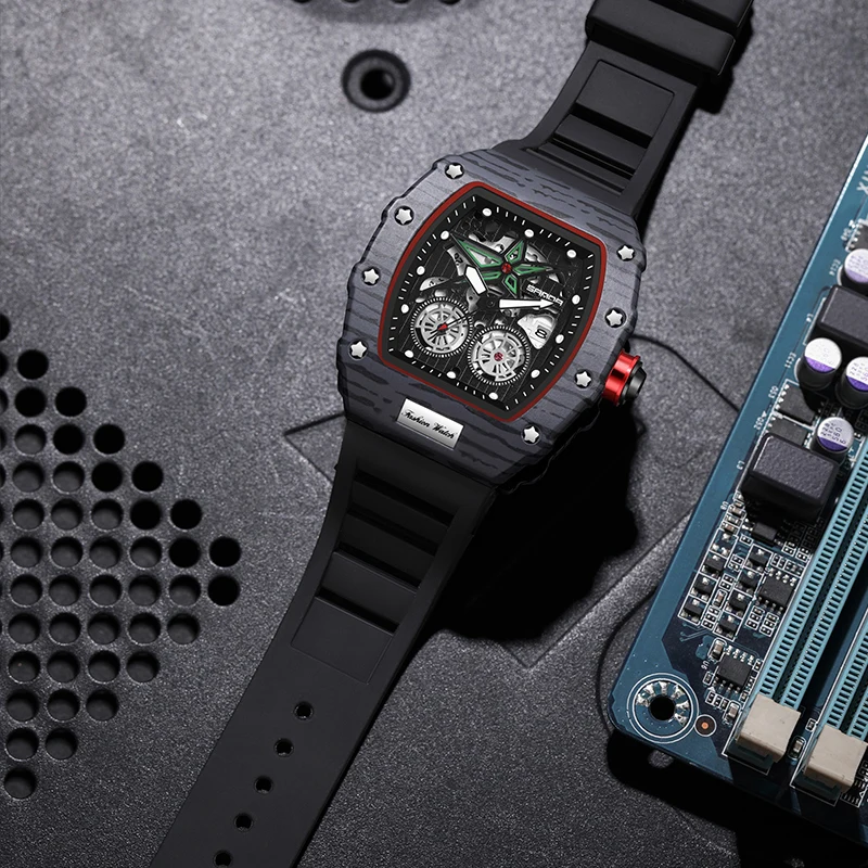 Relojes de cuarzo para hombre, correa de silicona con esqueleto, cronógrafo, reloj de pulsera analógico, manecillas luminosas, reloj deportivo militar resistente al agua