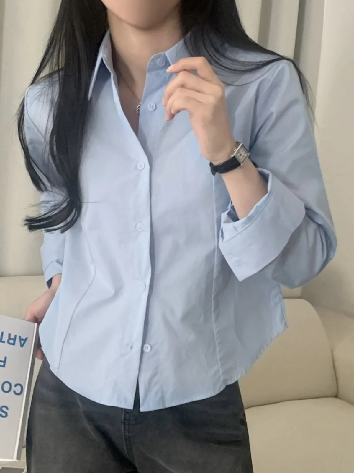 

Korean Style Long Sleeve Blue Shirt Women's Early Spring Elegant Fashion Waist-Cinching Short Top Unique Design Sense