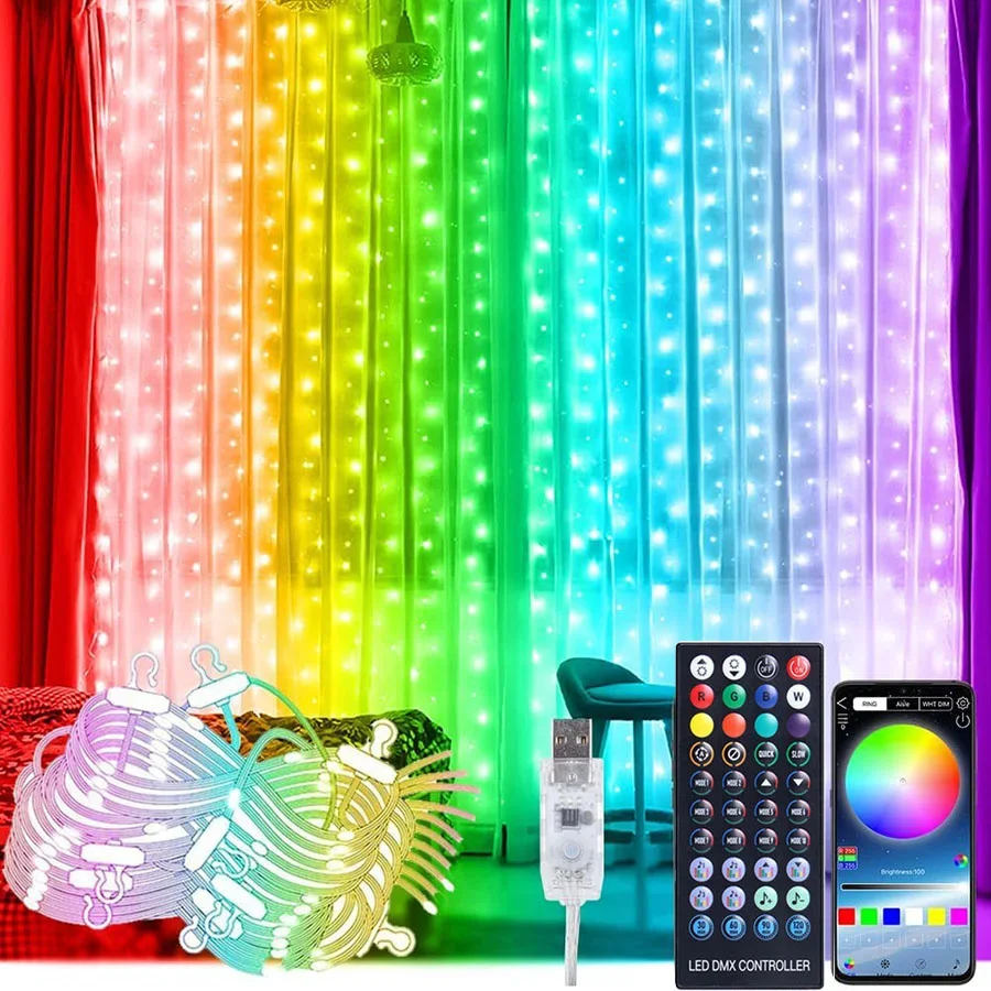 3x1/3x2/3x3M Smart Curtain Lights 16 Million Colors DIY Curtain Lights with Remote/APP RGB Changeable Wedding Curtain Lights