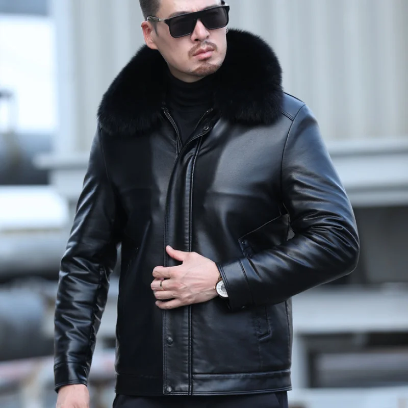 Men's YXL-833 Winter Winter Clothing Natural Leather Coat Fox Fur Collar Coat Thickened Fur One-piece Fashion