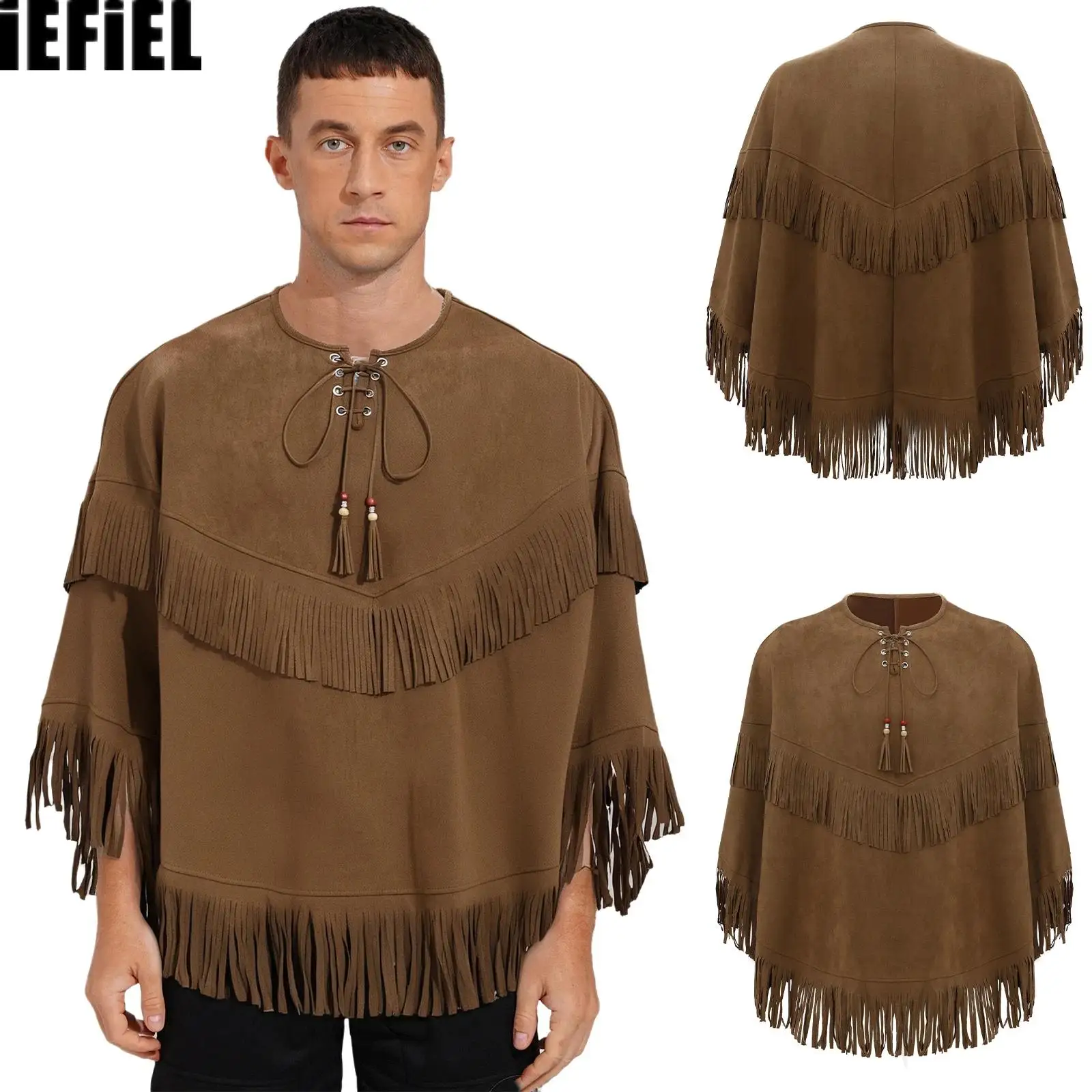 Costume de Cowboy occidental pour hommes, Cosplay indien amérindien, tribu des cavéiers d'halloween, Cape à pampilles en Faux daim, couverture à franges à lacets