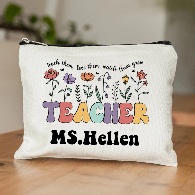 Teacher Personalized Canvas Cosmetic Bag Customized Name Travel Zipper Pouch Perfume Lipstick Storage Makeup Bags Teachers Gift