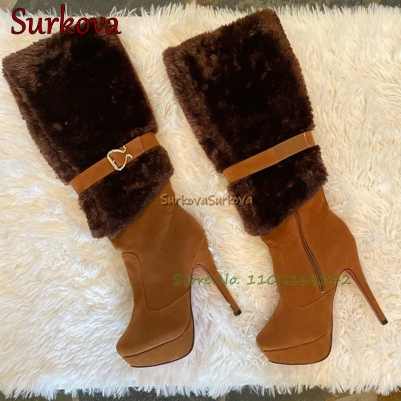 

Retro Brown Fur High Heel Boots Round Toe Platform Non-Slip Winter Women'S Boots Fashion Sexy Luxury Catwalk Knee Boots Spring