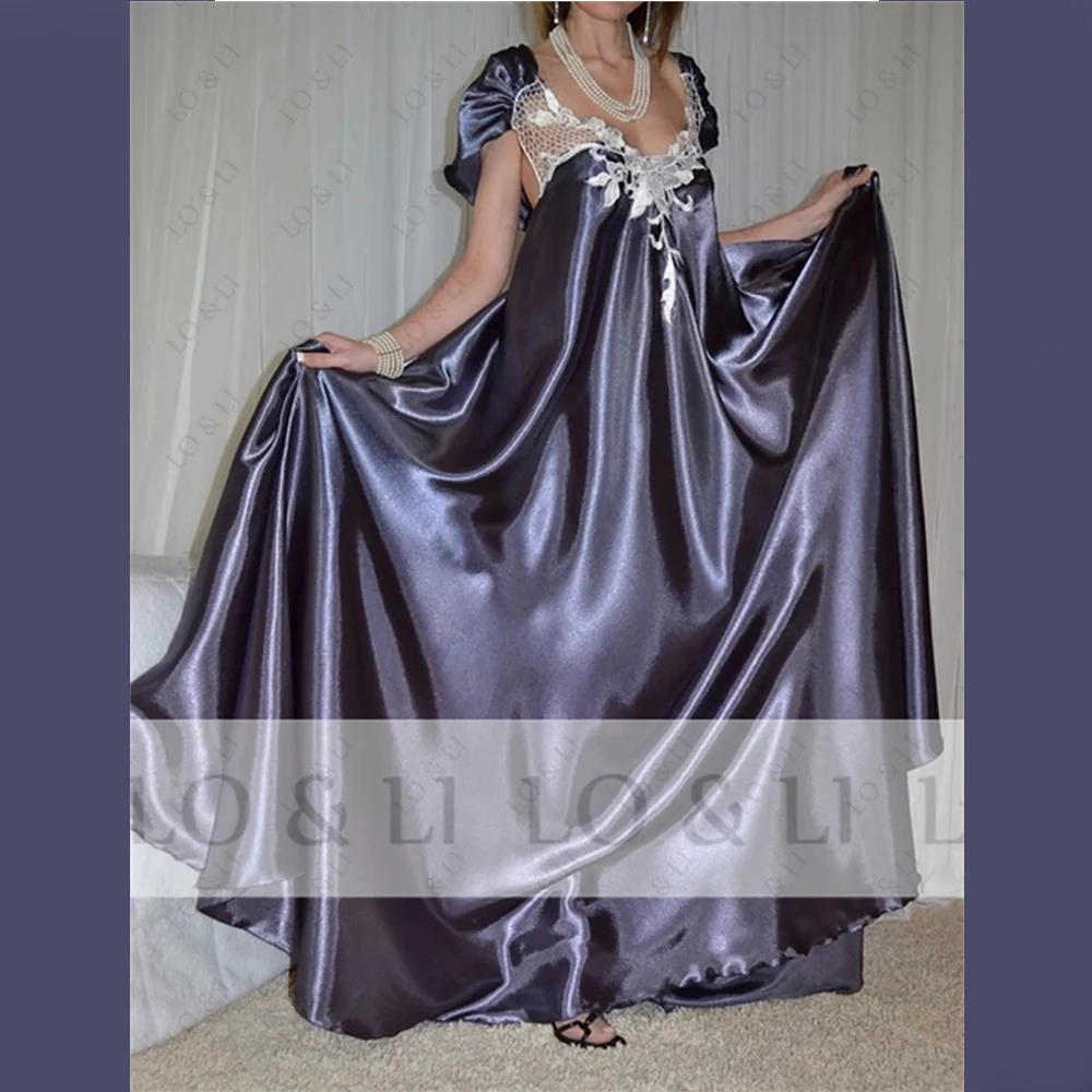 

LO&LI Vintage Dusty Blue Satin Applique Ceremony Women Dress Nightgown For Pregnant Pajamas Bridal Robe Custom Made Plus Size