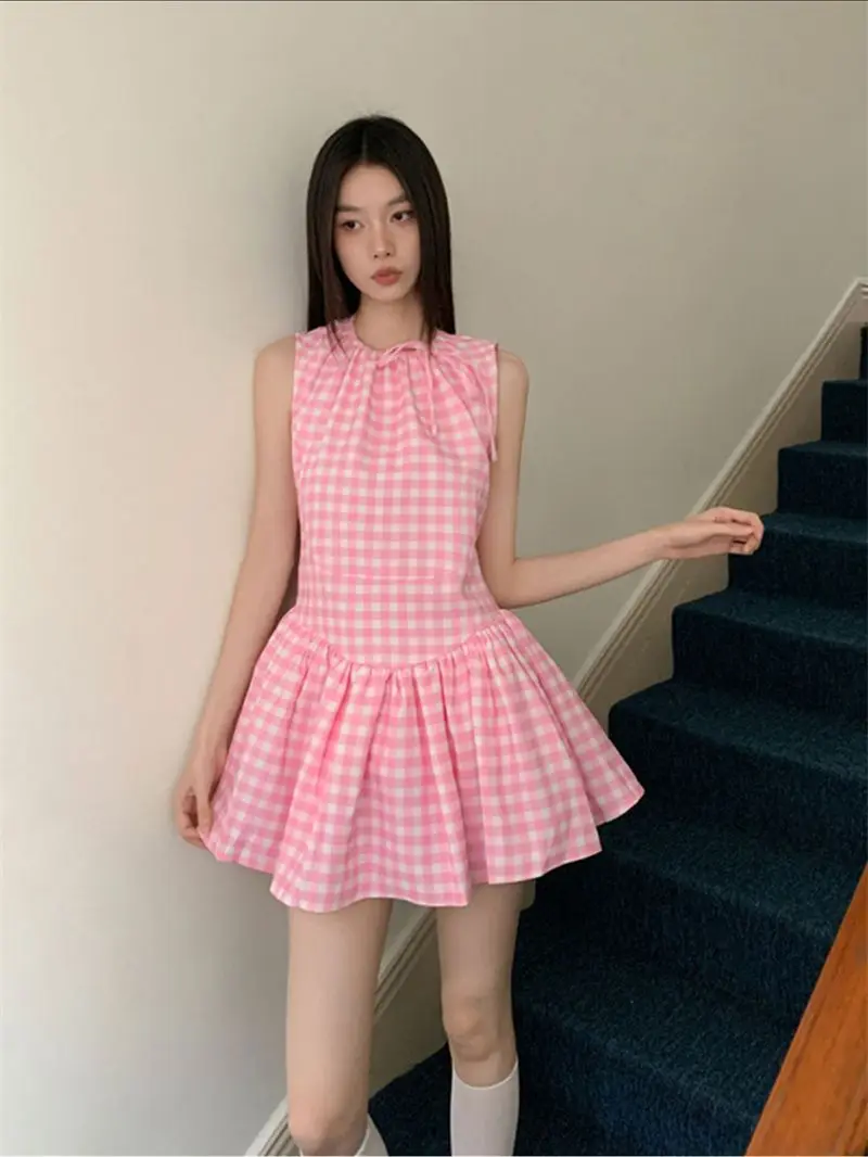 Plaid Dresses Women Sweet Sleeveless Bandage Summer Fashion New Elegant Mini Dress Casual Dress