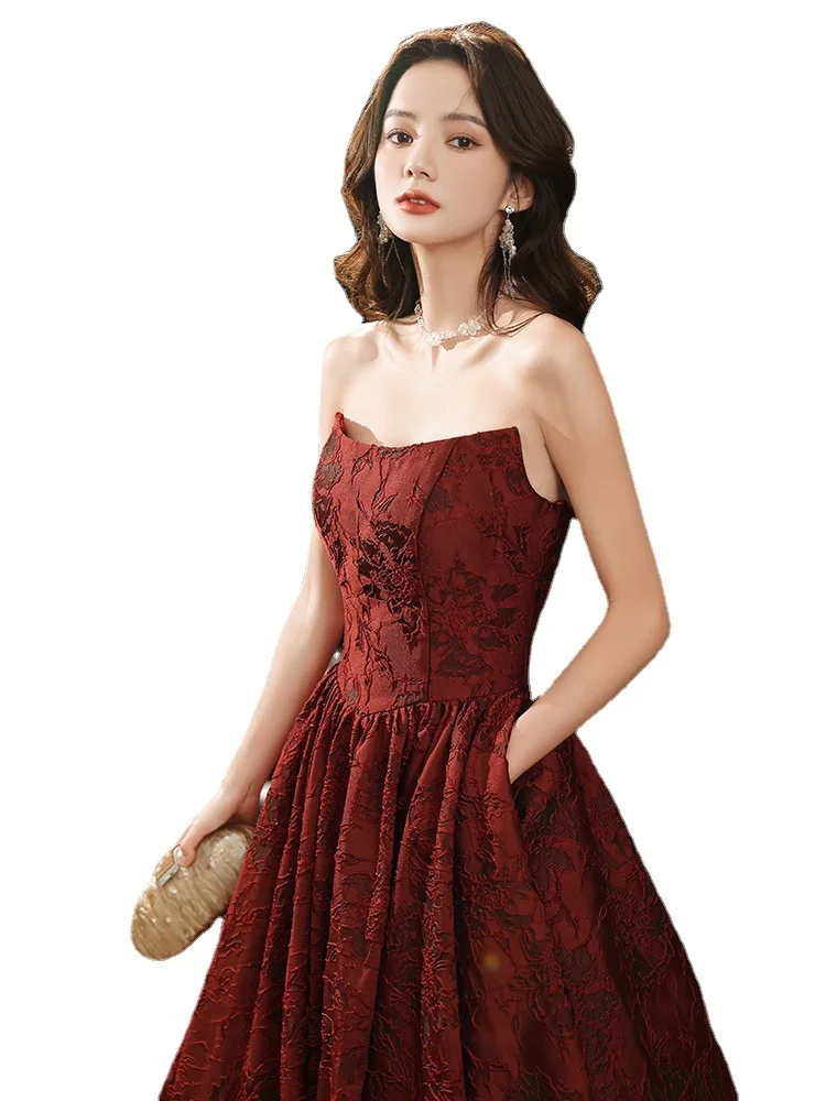 Burgundy Satin Printing Prom Dresses Strapless A-Line Sleeveless Sweetheart Long Wedding Host Party Celebrity Evening Gown