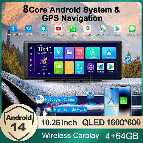 8코어 안드로이드 14 자동 Carplay 4+64GB 차량용 라디오 멀티미디어 플레이어 WiFi GPS 네비게이션 Netflix Google Play Android Auto Youtube