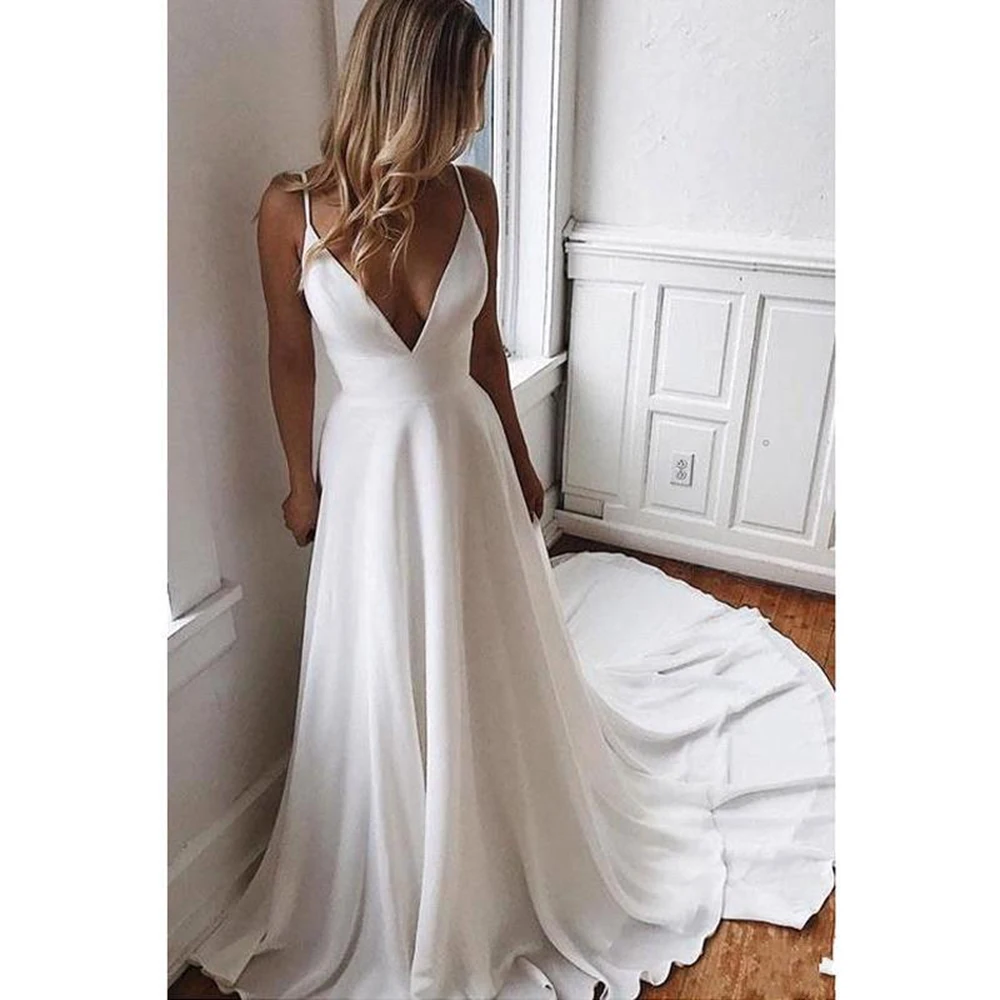 Summer A Line Simple White Bride Wedding Boho Beach Dress V Neck Bridal Party Gown Long Chiffon Wedding Gowns Vestido De Noiva