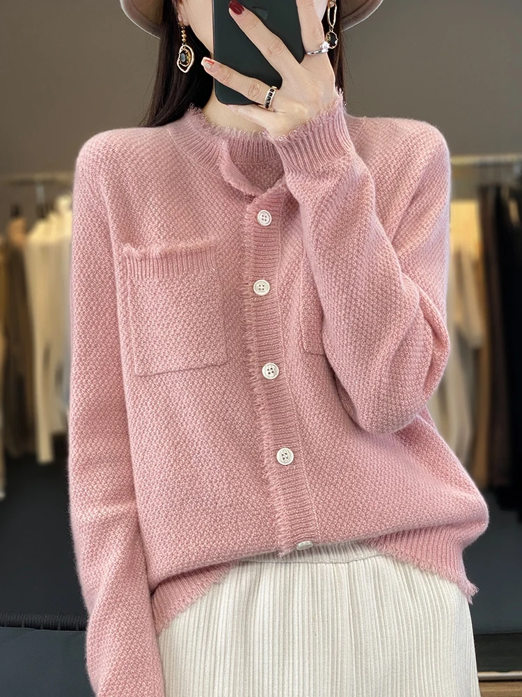 New Chic Women Cardigan Autumn Winter Sweater 100% Merino Wool Shiny Design Cashmere Knitwear Office Lady Korean Fashion Tops