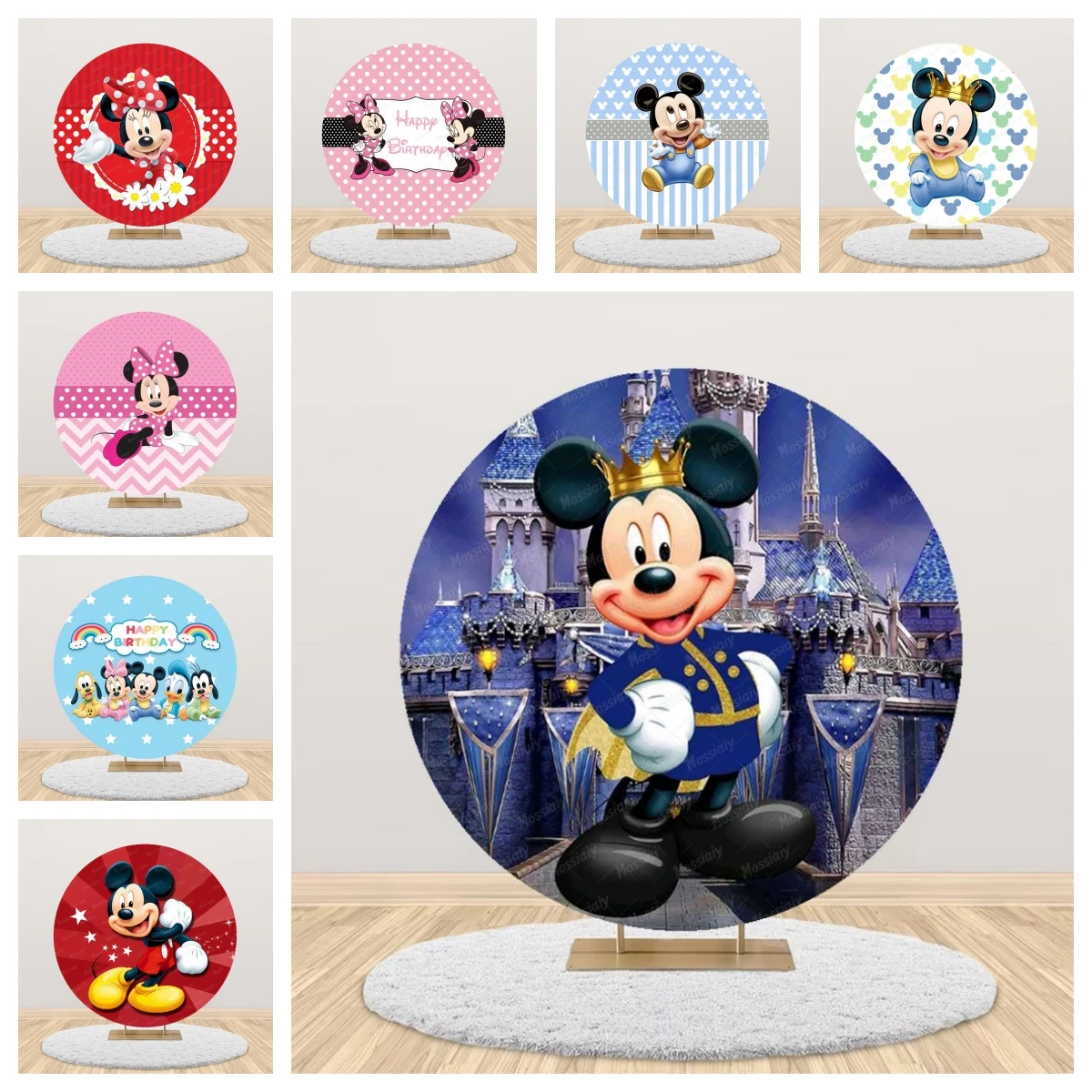 ミッキーマウス-ラウンド背景-ブルー-ピンク-ベビーシャワー-子供の誕生日パーティー-写真撮影スタジオ用品-小道具