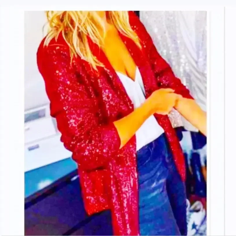 

Shiny Sequins Party Jackets For Women Solid Glossy Color Lapel Neck Quarter Sleeve Right Shoulder Waist Jackets Chaquetas