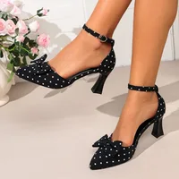 Elegant Polka Dot Pointed Toe Ankle Strap Sandals Women Summer 2026 French Retro Bowknot High Heel Sandals Woman's Party Shoes - Image 4